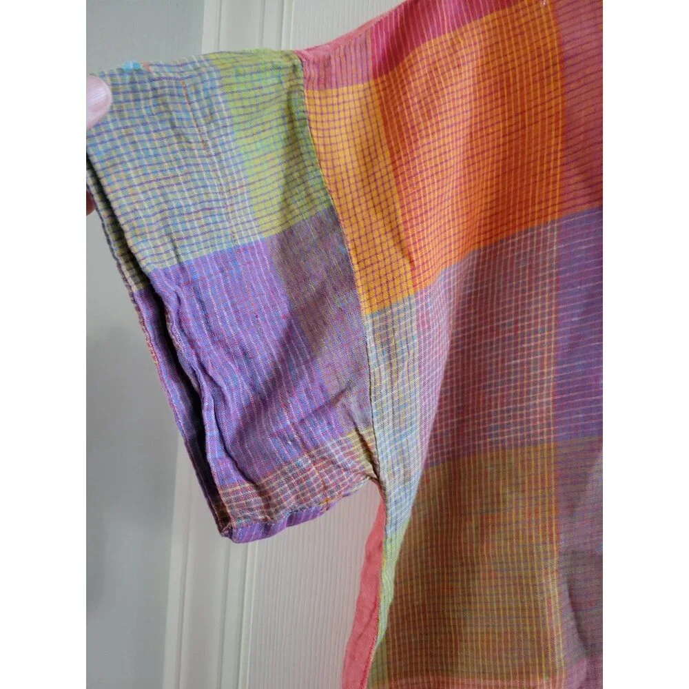Foil Womens Linen Top Orange Purple Check Fiesta print size 8 lagenlook - Picture 3 of 8